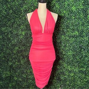 Guess Halter Ruched Hot Pink Barbie V Neck Dress Sz M